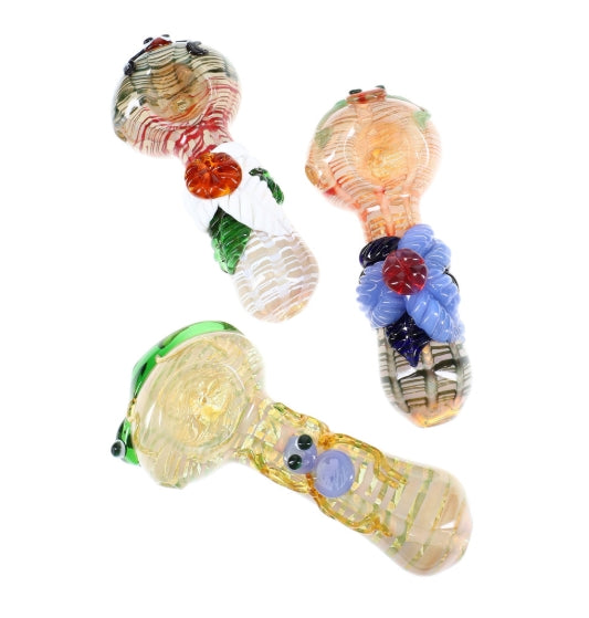 5" Colorful Raked Silver Fumed Leaf Critter Glass Pipe